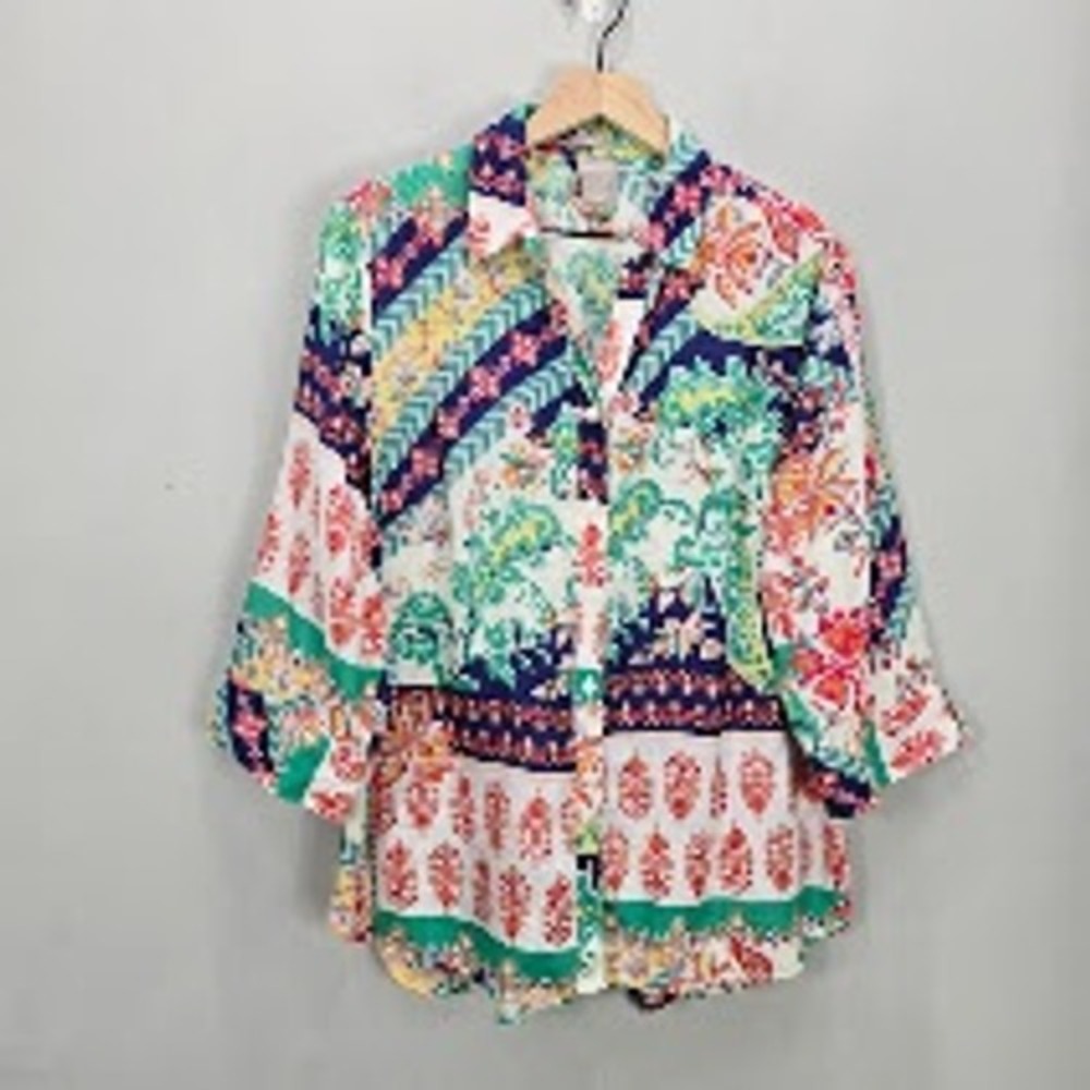 Chicos Button Down Blouse Top 2 L 100% Linen Paisley Floral Tropical Travel